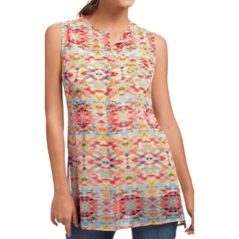 Cabi -225 Avery Aztec Geometric Sheer Button Front Tunic Top Size Medium‎